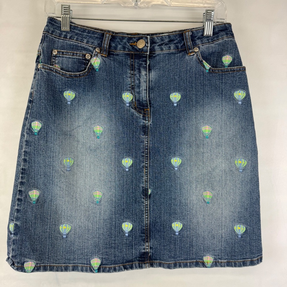 Lilly Pulitzer White Label Denim Skirt Blue Hot Air Balloon Print Size 6 Y2K